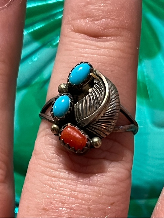 Vintage Jewelry - Vintage Navajo Sterling Silver Sleeping Beauty Turquoise Coral Size 6 3/4 Ring